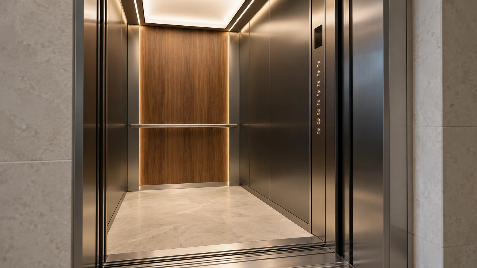 Elevator cabin with walnut wall panel, metal finishes and integrated lighting