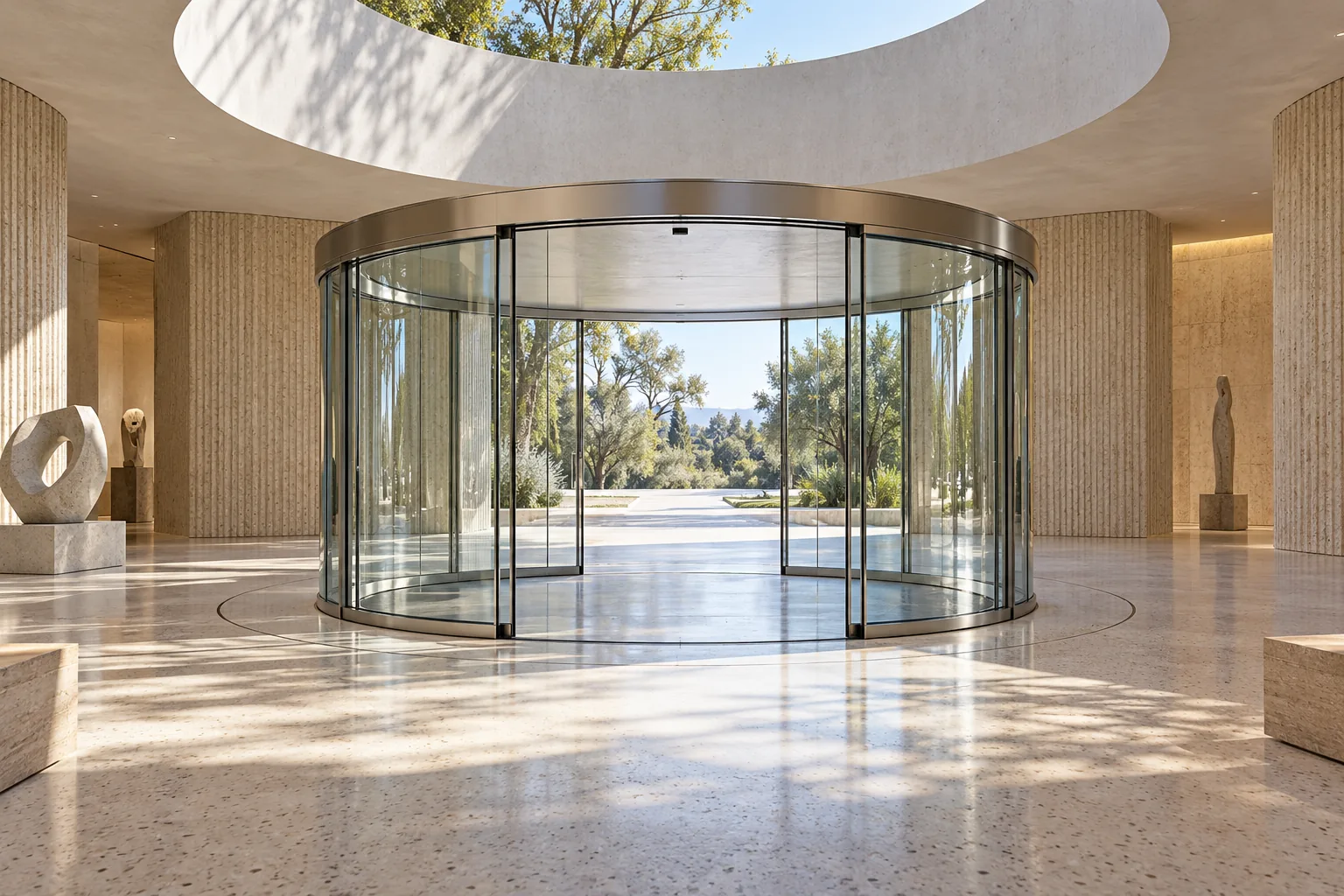 Illustrative concept of a circular curved sliding glass entrance