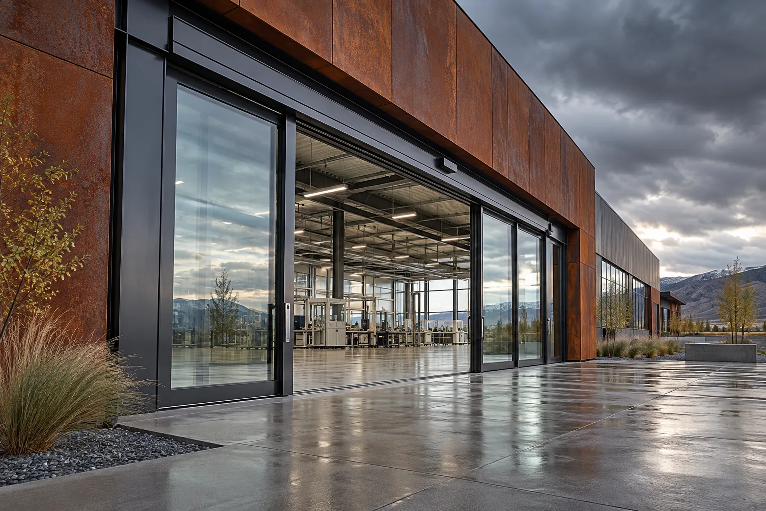Illustrative concept of a heavy-duty sliding glass entrance