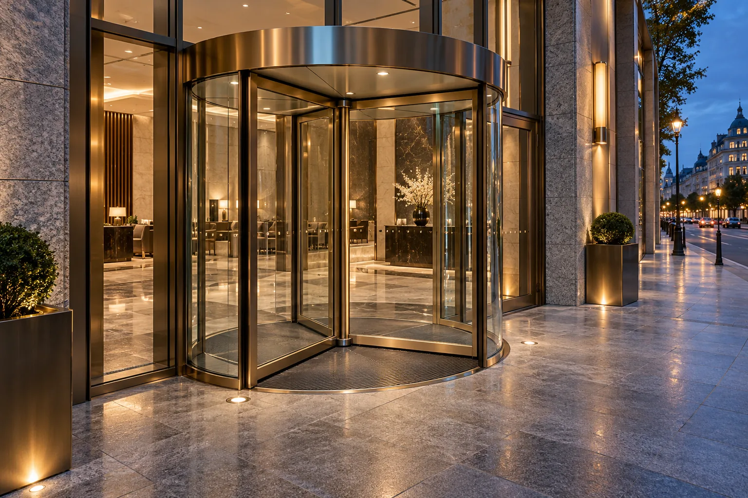 Illustrative concept of a three-wing automatic revolving glass door