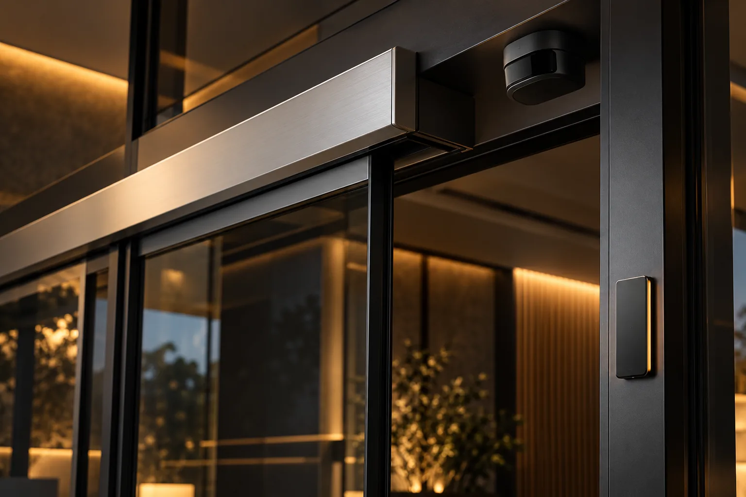 Illustrative concept of automatic door operator, sensor and access reader