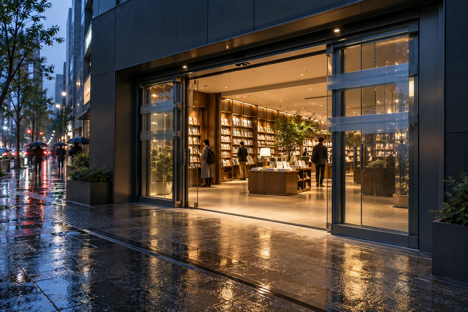 Illustrative concept of a telescopic sliding glass door at an urban bookstore