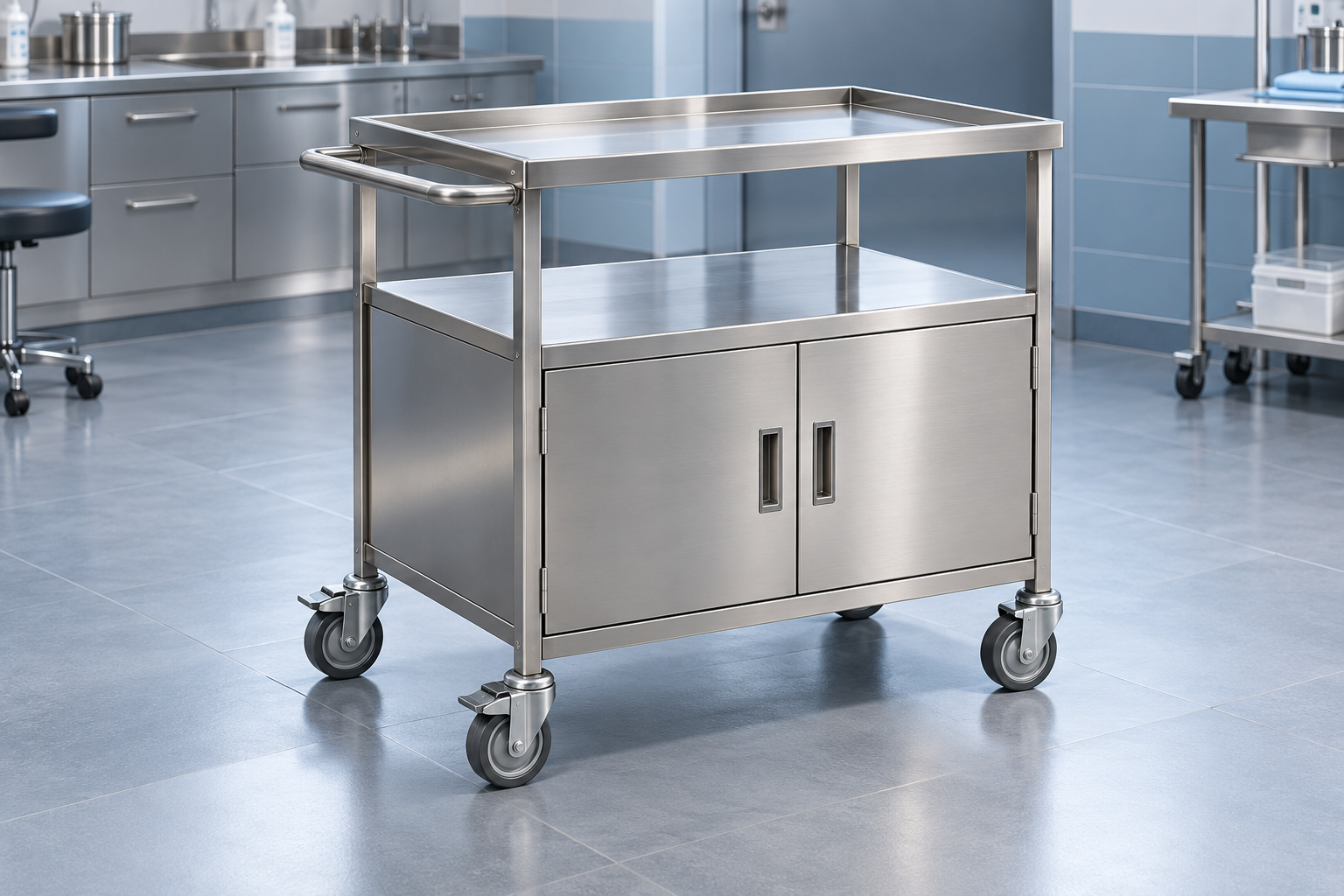 Chariot avec placard et étagère en acier inoxydable
