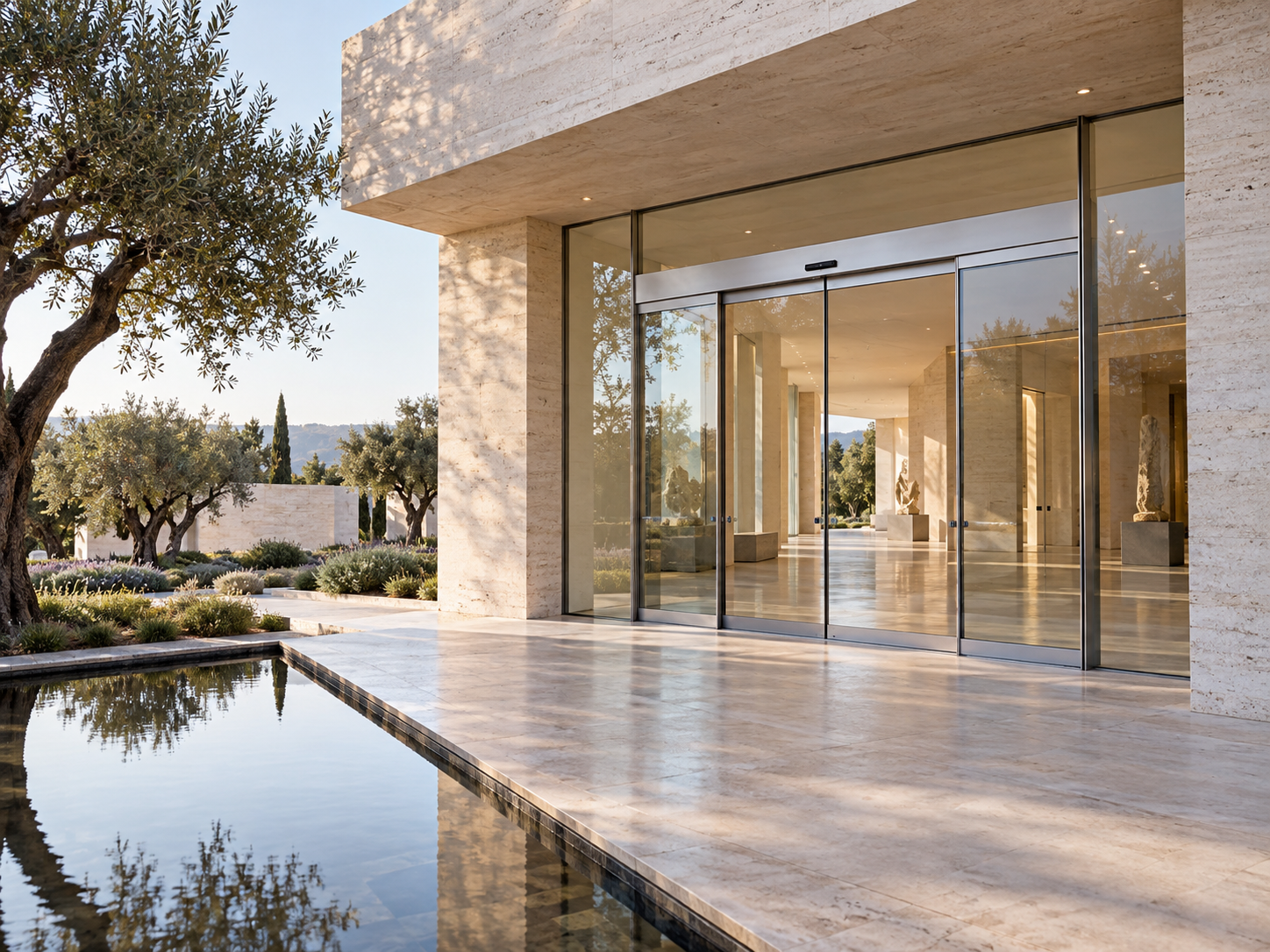 Automatic glass sliding entrance in a travertine museum setting