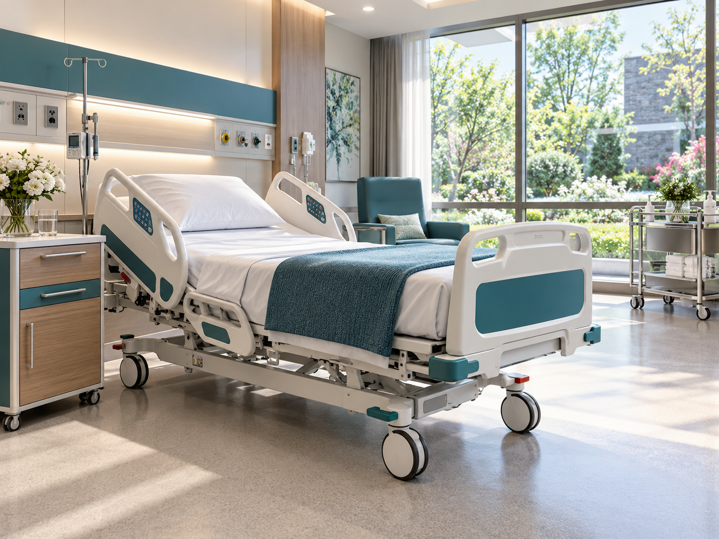 Clinical bed and hospital furniture in a bright garden-facing care room