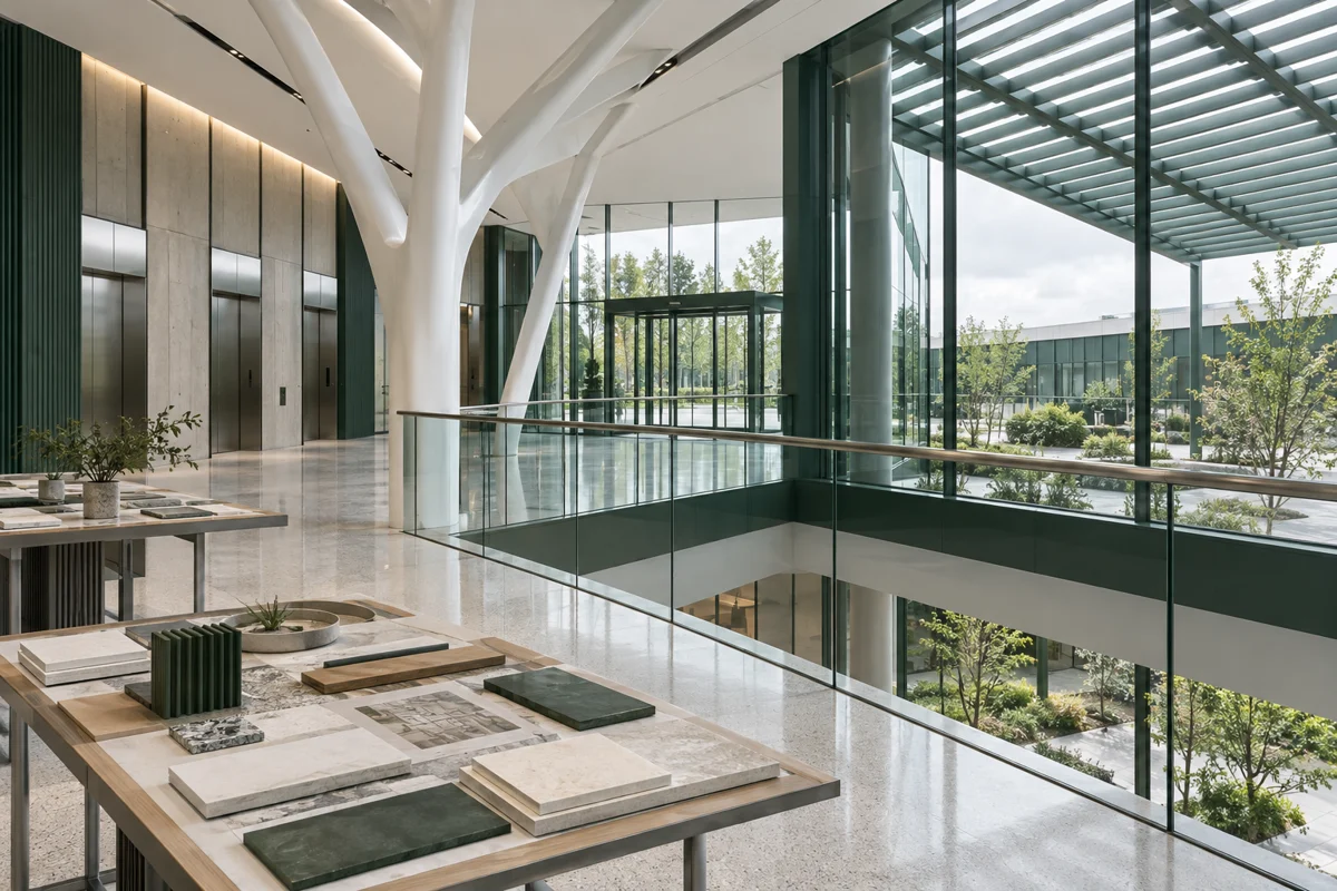 مركز تصميم هندسي بعينات مواد وبوابات مصاعد ومداخل زجاجية ومظلة فناء