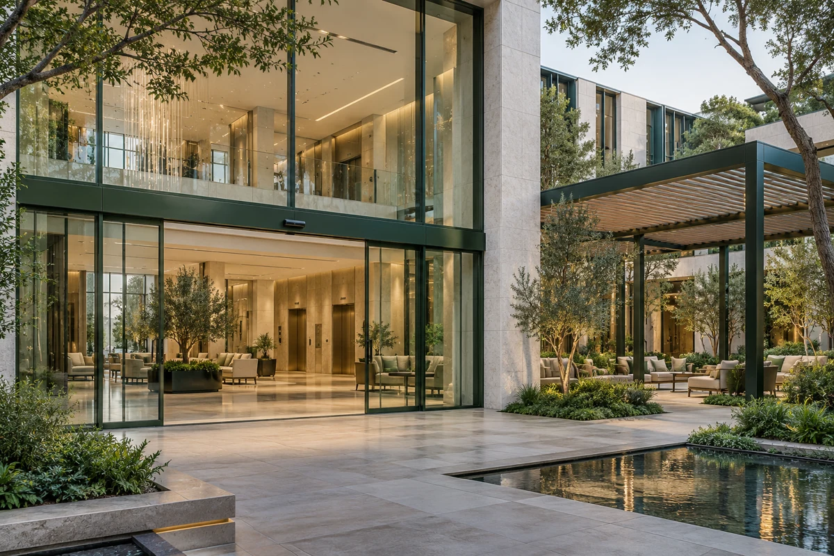 Contemporary atrium with a sliding glass entrance, elevator portals and a shaded landscaped courtyard