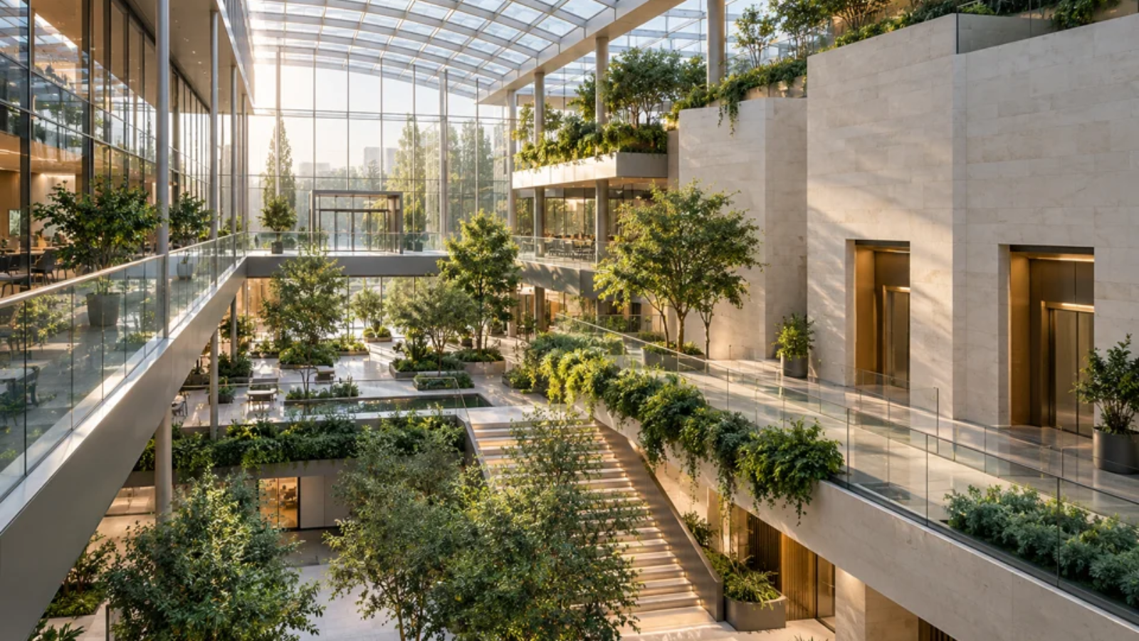 Daylit commercial atrium with planted terraces and elevator portals