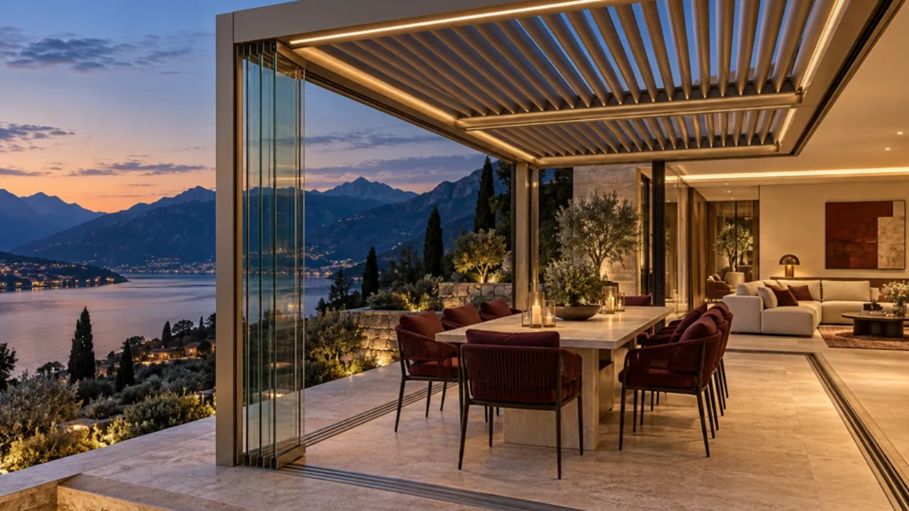 Covered residential terrace overlooking a lake at dusk